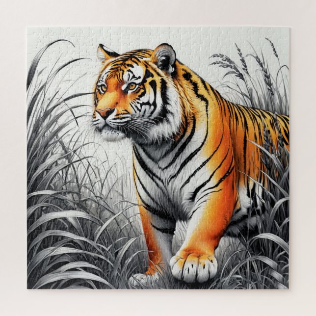 Tiger Art Colour Partial Black White Drawing Jigsaw Puzzle (Vertical)