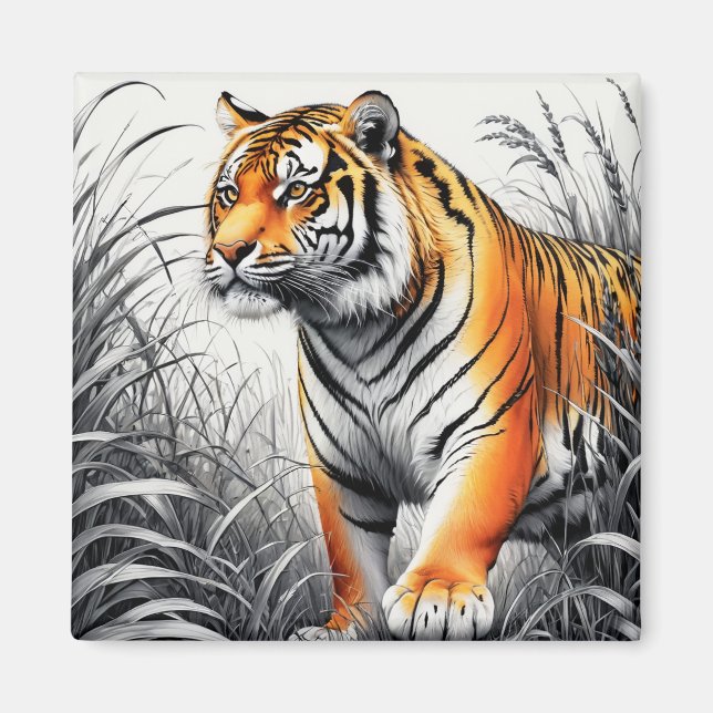 Tiger Art Colour Partial Black White Drawing Magnet (Front)