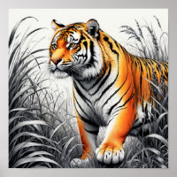Tiger Art Colour Partial Black White Drawing
