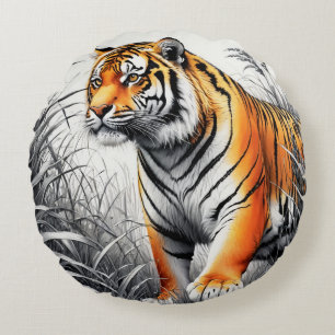 Tiger Art Colour Partial Black White Drawing Round Cushion