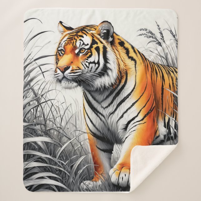 Tiger Art Colour Partial Black White Drawing Sherpa Blanket (Front)