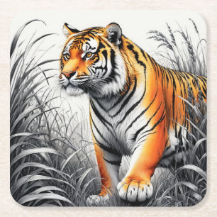 Tiger Art Colour Partial Black White Drawing Square Paper Coaster
