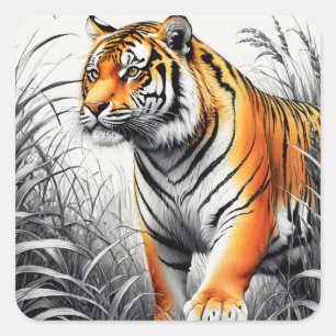 Tiger Art Colour Partial Black White Drawing Square Sticker