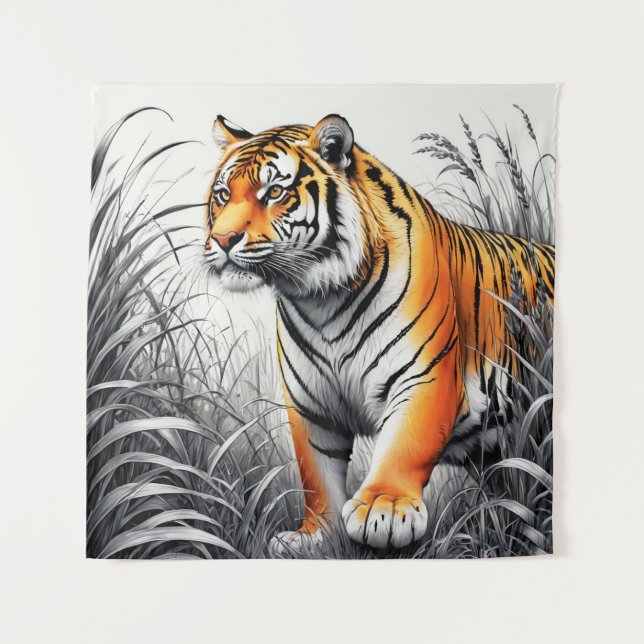 Tiger Art Colour Partial Black White Drawing Tapestry (Front)
