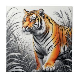 Tiger Art Colour Partial Black White Drawing Tile