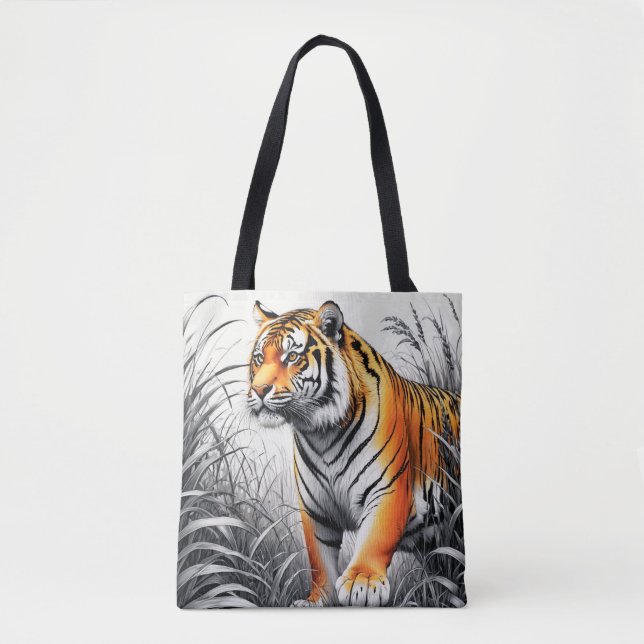 Tiger Art Colour Partial Black White Drawing Tote Bag (Front)