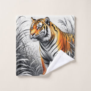 Tiger Art Colour Partial Black White Drawing Wash Cloth
