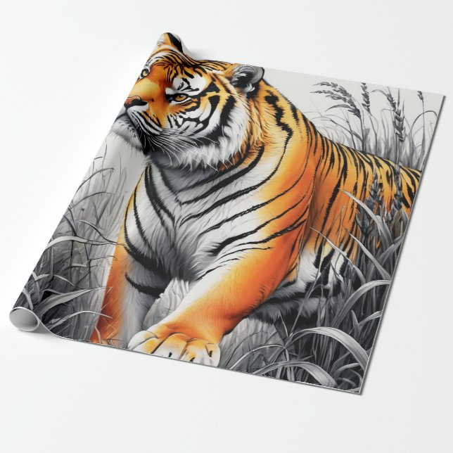Tiger Art Colour Partial Black White Drawing Wrapping Paper (Unrolled)