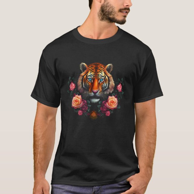 Tiger Artwork  Flowers Blue Eyes Zoo Animal Tiger T-Shirt (Front)