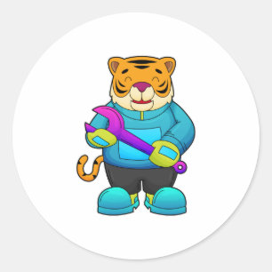 Tiger as Mechanic with Wrench Classic Round Sticker