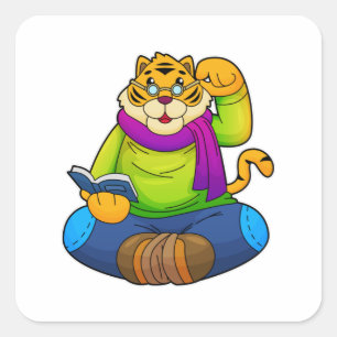 Tiger as Nerd with Book Square Sticker