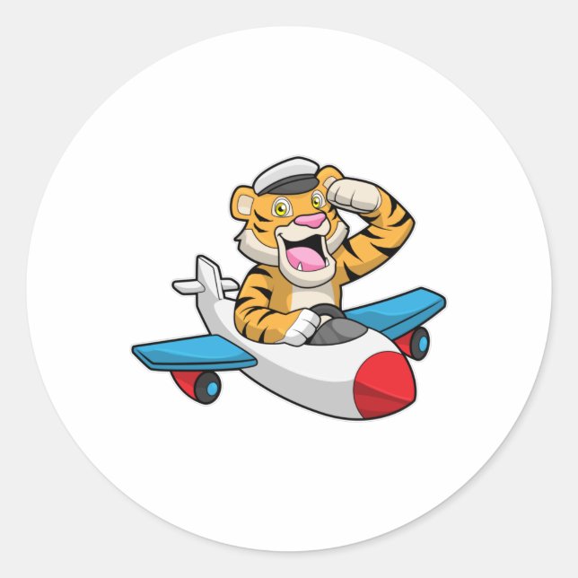 Tiger as Pilot in Plane Classic Round Sticker (Front)