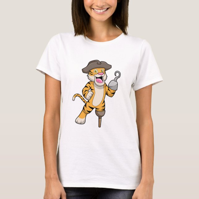 Tiger as Pirate with Wooden leg & Hooked hand T-Shirt (Front)