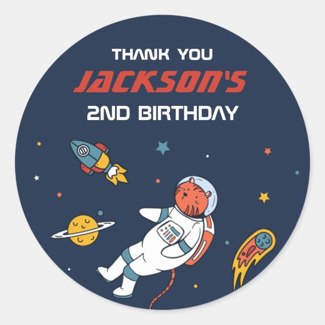  Tiger Astronaut Outer Space Kids Birthday Party Classic Round Sticker (Front)