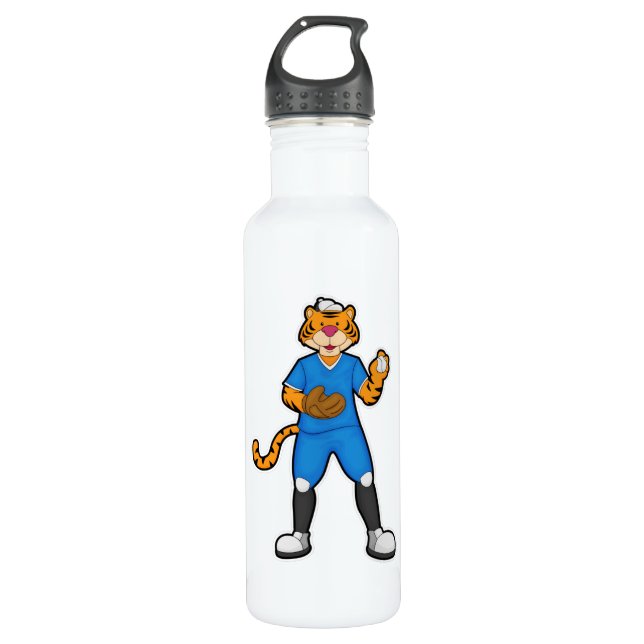 Tiger at Baseball with Baseball glove & Cap 710 Ml Water Bottle (Front)