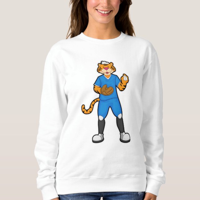 Tiger at Baseball with Baseball glove & Cap Sweatshirt (Front)