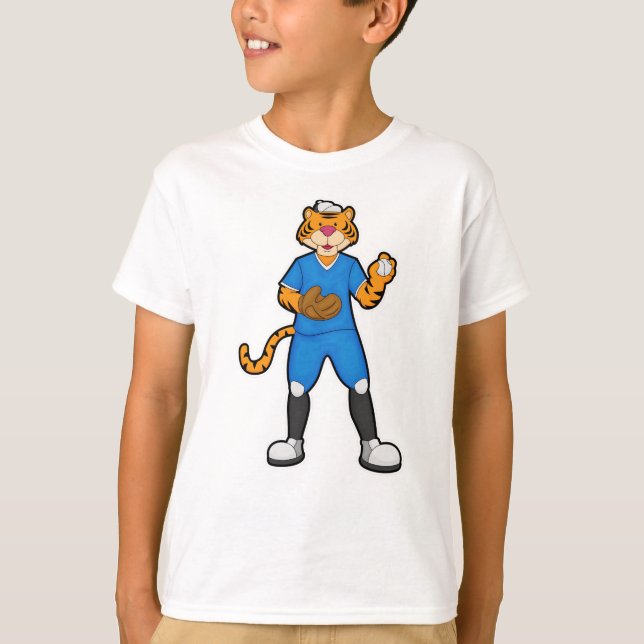 Tiger at Baseball with Baseball glove & Cap T-Shirt (Front)