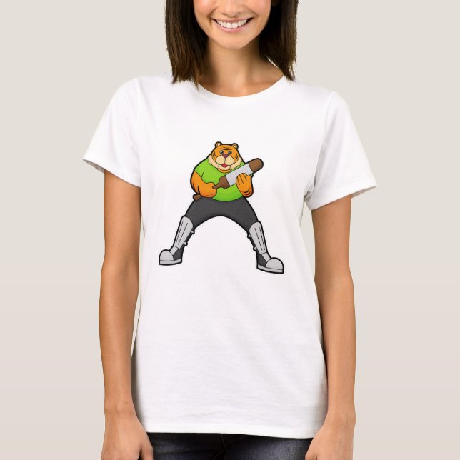 Tiger at Cricket with Cricket bat T-Shirt (Front)
