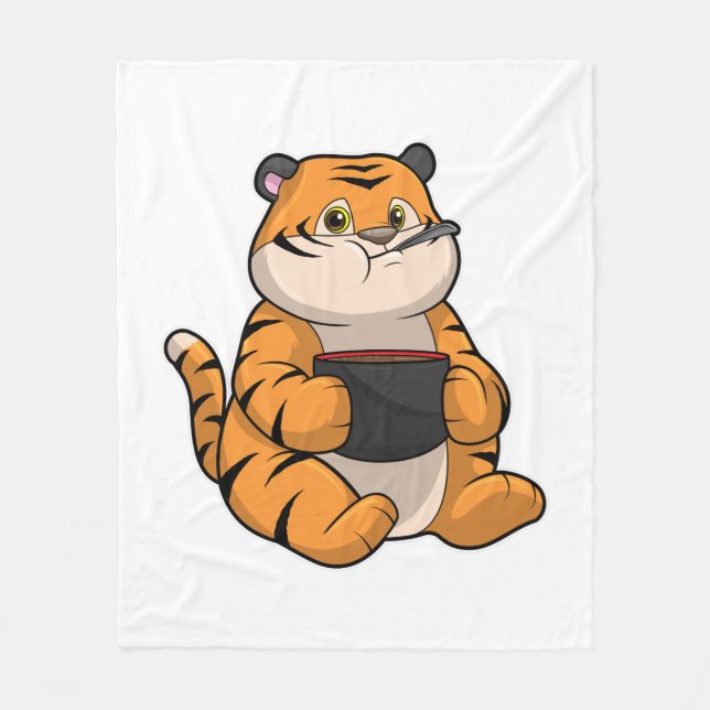 Tiger at Eating with Bowl Fleece Blanket (Front)