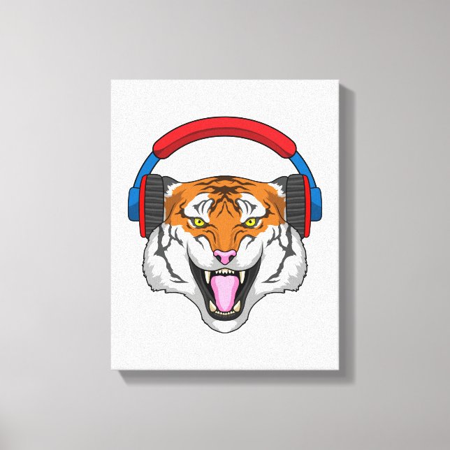 Tiger at Music with Headphone Canvas Print (Front)