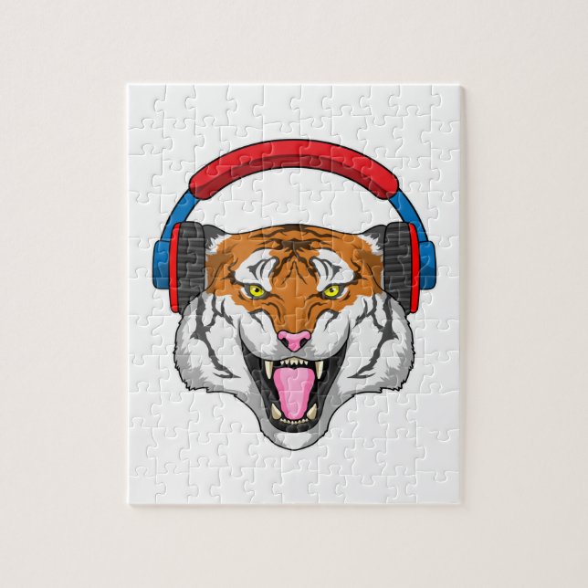 Tiger at Music with Headphone Jigsaw Puzzle (Vertical)