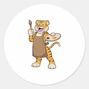 Tiger at Painting with Paint & Brush Classic Round Sticker
