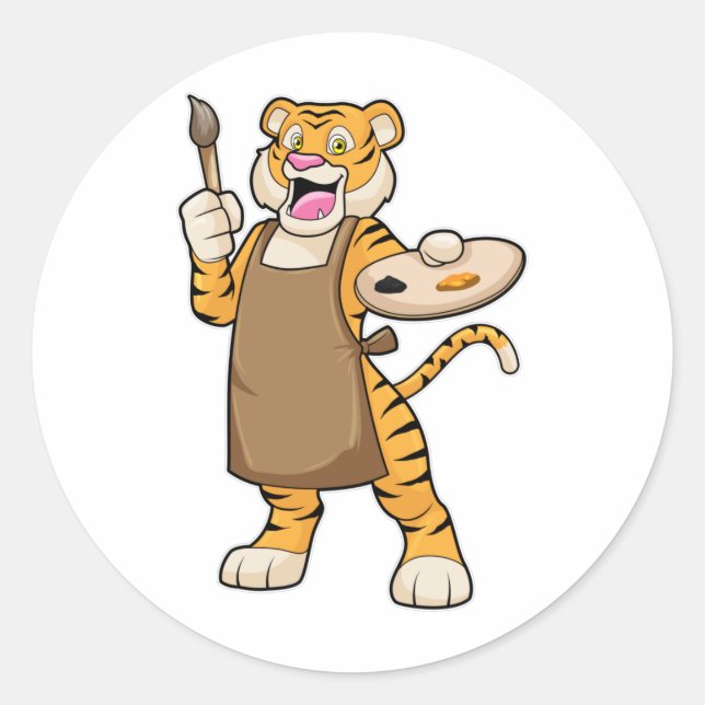 Tiger at Painting with Paint & Brush Classic Round Sticker (Front)