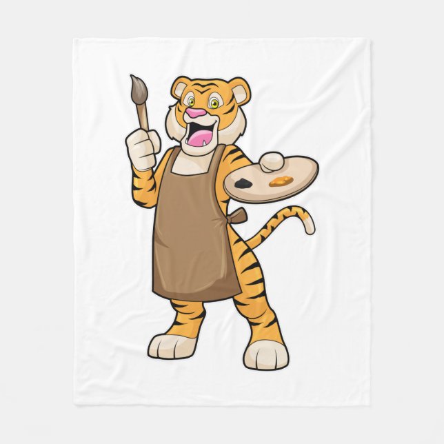 Tiger at Painting with Paint & Brush Fleece Blanket (Front)