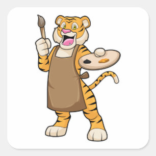 Tiger at Painting with Paint & Brush Square Sticker