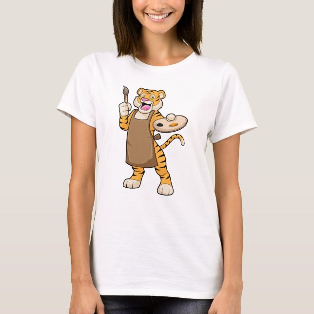 Tiger at Painting with Paint & Brush T-Shirt (Front)
