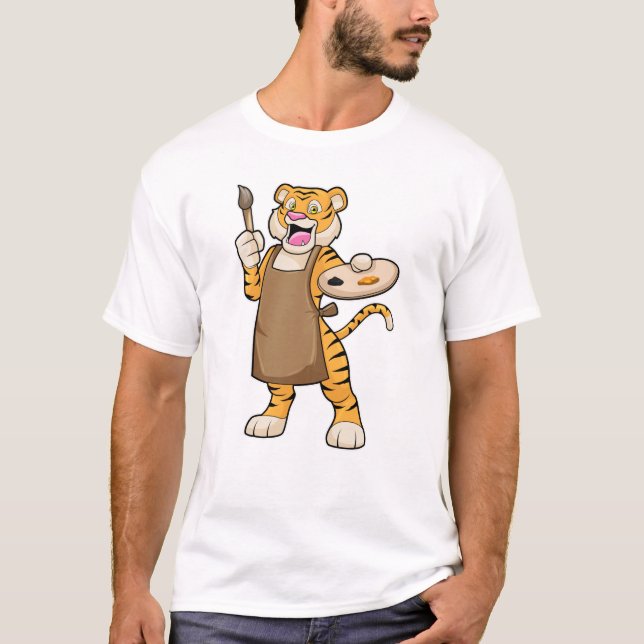 Tiger at Painting with Paint & Brush T-Shirt (Front)
