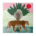 Tiger at Sunset Tile<br><div class="desc">Tiger at Sunrise I by Melissa Wang. A tiger walks past a tropical tree as the sun moves across the sky. | 164402D</div>