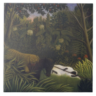 Tiger Attacking a Horse and a Sleeping Black Man ( Tile