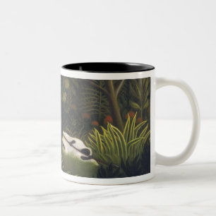 Tiger Attacking a Horse and a Sleeping Black Man ( Two-Tone Coffee Mug