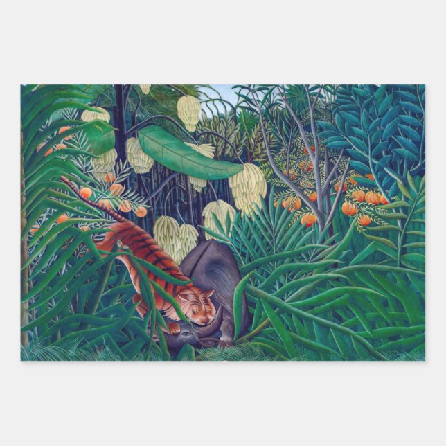 Tiger Attacking Buffalo in Exotic Tropical Jungle Wrapping Paper Sheet (Front)
