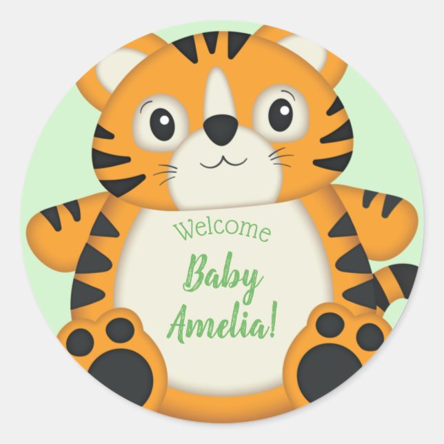 Tiger Baby Shower Green Classic Round Sticker (Front)