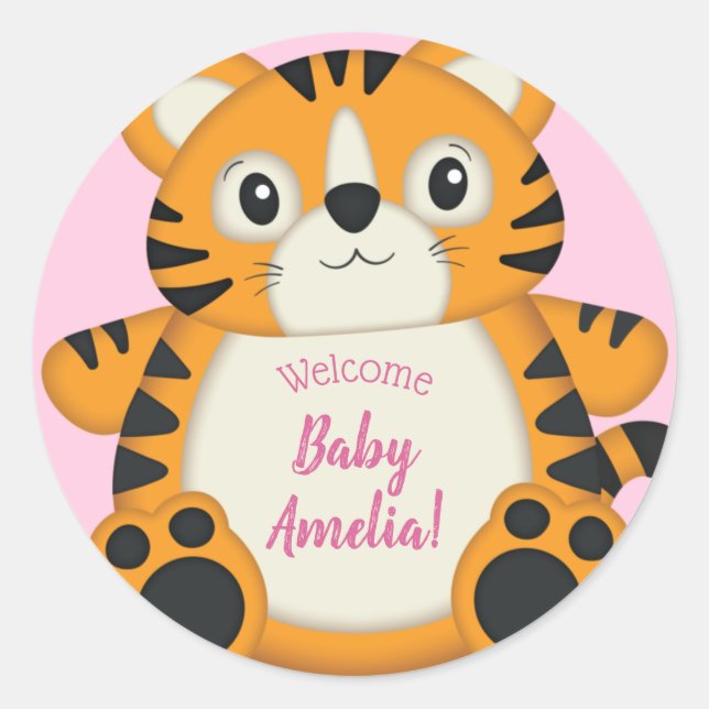 Tiger Baby Shower Safari Pink Girl Classic Round Sticker (Front)