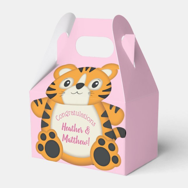 Tiger Baby Shower Safari Pink Girl Favour Box (Front Side)