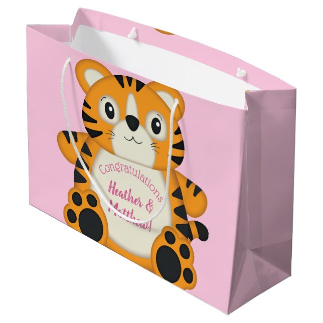 Tiger Baby Shower Safari Pink Girl Large Gift Bag (Back Angled)