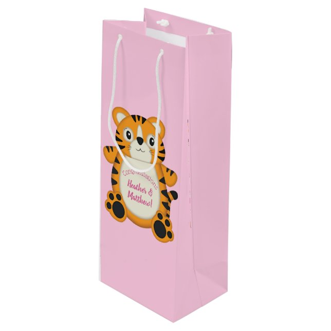 Tiger Baby Shower Safari Pink Girl Wine Gift Bag (Front Angled)