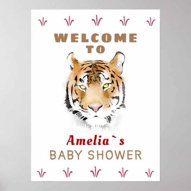 Tiger Baby Watercolor Baby Shower Welcome Sign (Front)
