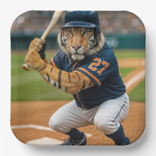 Tiger Baseball Player #27 Up To Bat Paper Plate (Front)
