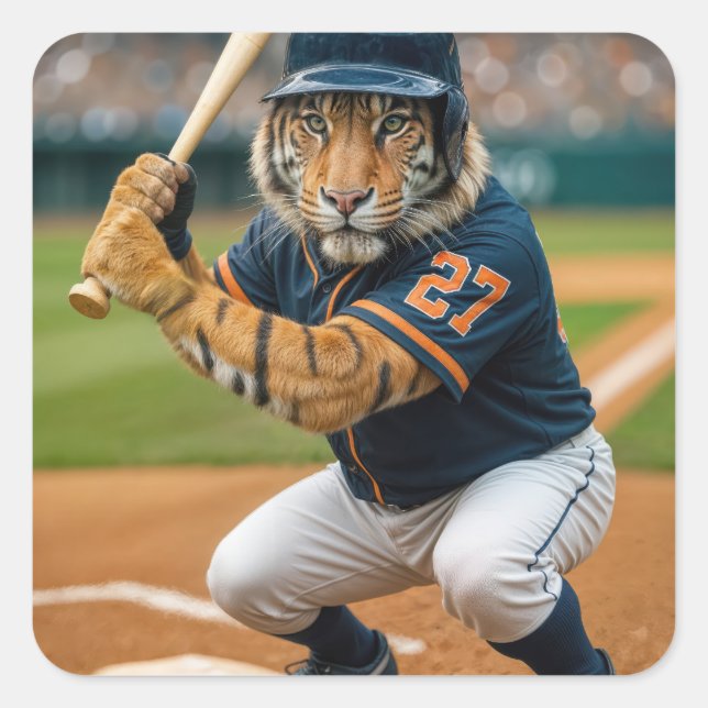 Tiger Baseball Player #27 Up To Bat Square Sticker (Front)