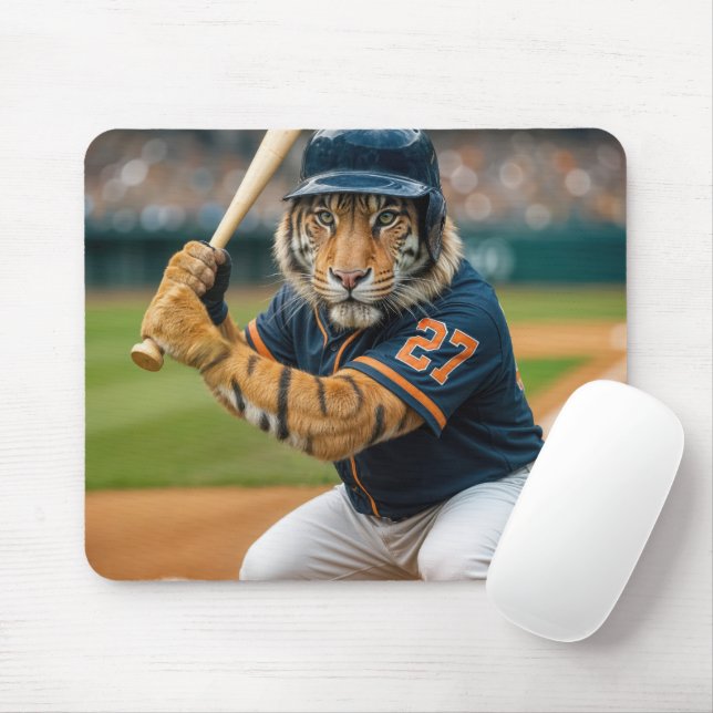 Tiger Baseball Player Up To Bat Mouse Mat (With Mouse)