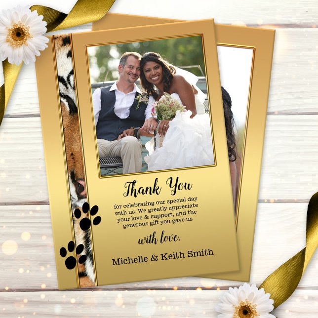 Tiger Big Cats Photo Wedding Thank You Card (Wedding Thank You card featuring your photo on both sides with a gold design with tiger print)