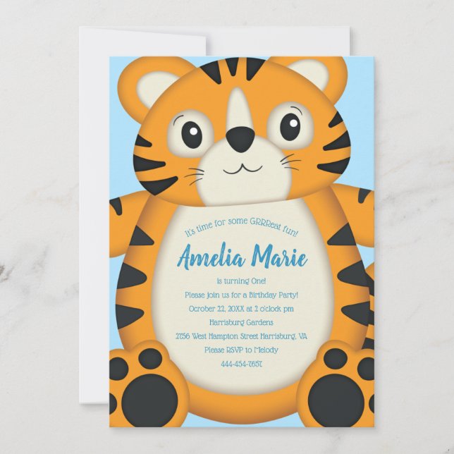 Tiger Birthday Party Blue Invitation (Front)