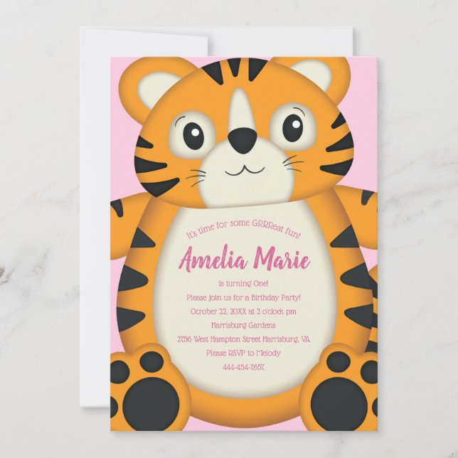Tiger Birthday Party Pink Invitation (Front)