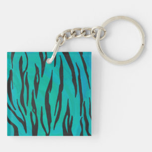 Tiger Black and Teal Print Key Ring