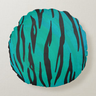 Tiger Black and Teal Print Round Cushion