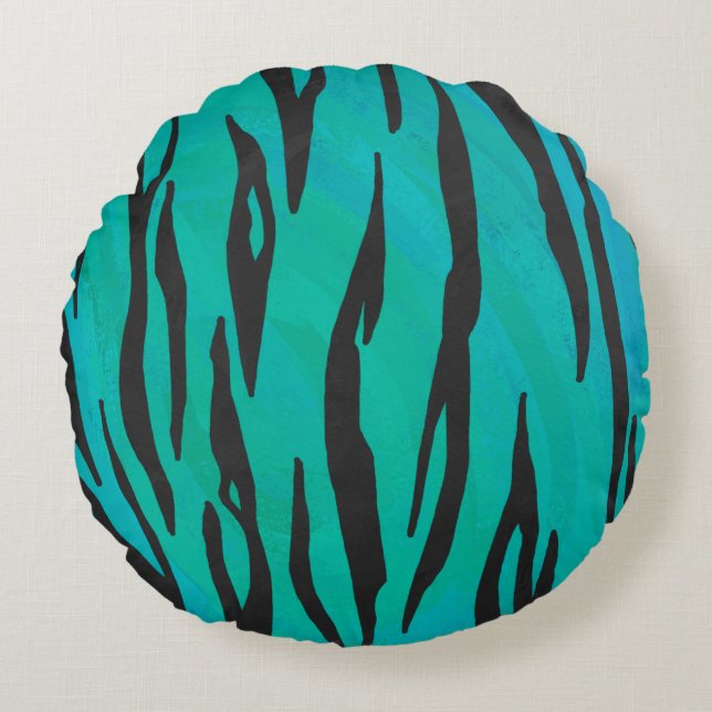 Tiger Black and Teal Print Round Cushion (Front)